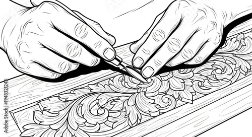 Hands meticulously carving intricate floral patterns into wood.