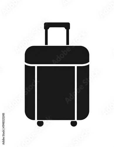 Black silhouette of a rolling suitcase with handle extended, against a white backdrop