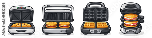 Collection of cartoon kitchen appliances for making sandwiches and waffles