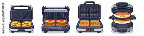 Collection of four different breakfast sandwich and waffle makers with food inside