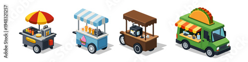 Collection of isometric food carts and trucks selling various street food items