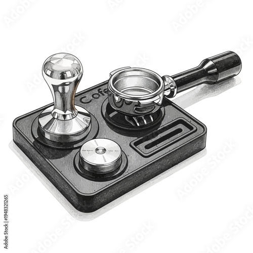Espresso tamper, portafilter, and dosing tool on a black stand