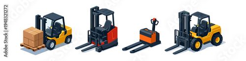 Set of four different types of forklifts and pallet jacks in isometric view