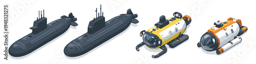 Collection of isometric submarines and submersibles for underwater exploration and military use