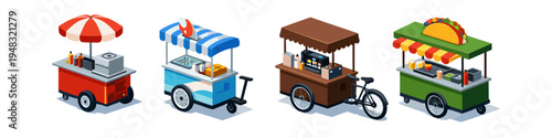Collection of diverse isometric food carts offering various street food options