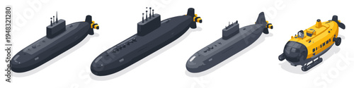 Collection of isometric submarines and a yellow submersible vehicle on a white background