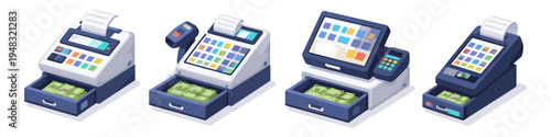 Collection of modern cash registers and payment terminals with open drawers full of cash