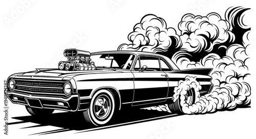 Vintage Muscle Car Burning Rubber with Supercharger and Smoke.