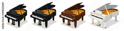 Collection of grand pianos in different colors, black, brown, and white, isolated on white