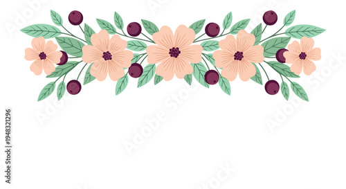 Elegant floral border with peach flowers, green leaves, and dark berries