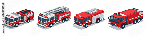 Collection of four isometric fire trucks with different designs and features