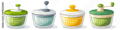 Collection of four colorful salad spinners with clear bowls and different lid designs