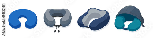 Collection of four different travel neck pillows with various designs and colors