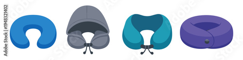 Collection of four different travel neck pillows in various colors and styles