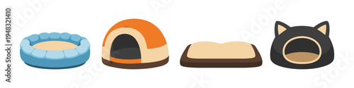 Collection of four diverse pet beds for cats and dogs, illustrated in flat design
