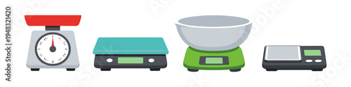 Collection of four different kitchen scales, including analog and digital models