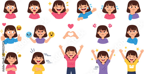Cute little girl character emotion and gesture set with happy laughing crying angry love expressions cartoon kid illustration