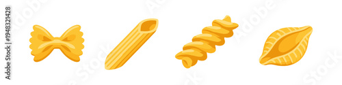 Collection of four different types of pasta shapes on a white background