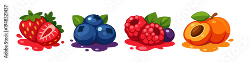 Assortment of fresh berries and apricot with juicy splashes, cartoon style