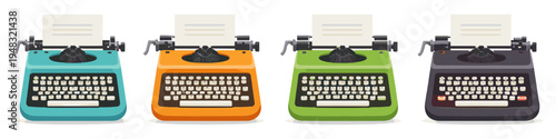 Collection of four vintage typewriters in vibrant colors, ready for writing