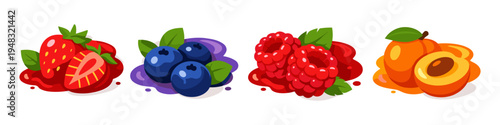 Assortment of fresh berries and fruits with juicy splashes on white background