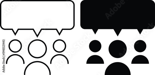A simple black and white illustration of people communicating with speech bubbles