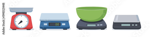 Collection of four different kitchen and digital scales for weighing ingredients