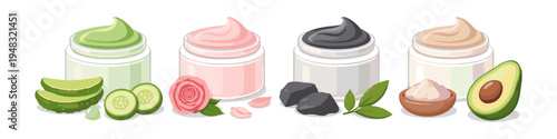 Assortment of natural skincare creams in jars with botanical ingredients