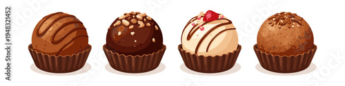 Assortment of four delicious chocolate truffles in decorative wrappers