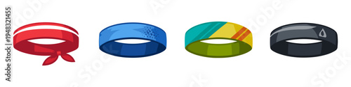 Collection of four colorful headbands and wristbands for sports and fitness activities