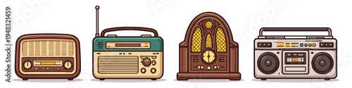 Collection of vintage radios and boombox from different eras, isolated on white background