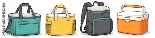 Collection of colorful insulated cooler bags and a backpack for outdoor activities