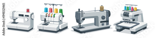 Collection of four different types of modern sewing machines and serger