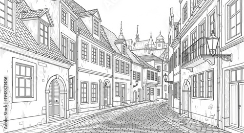 Detailed Sketch of a Quaint European Street Scene.