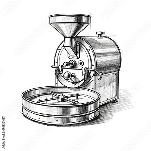 Hand-drawn coffee roaster machine with cooling tray, sketch style