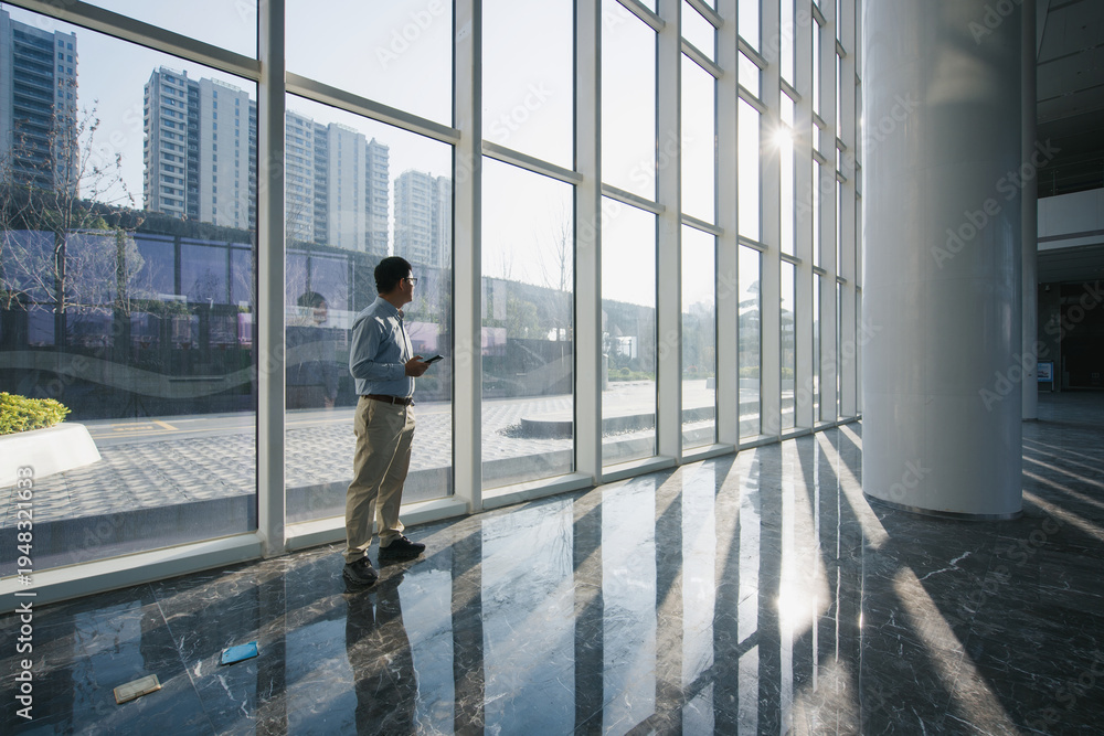 Fototapeta premium Businessman standing by floor-to-ceiling windows in modern office holding smartphone