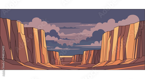 Stylized canyon with towering rock formations under a cloudy twilight sky