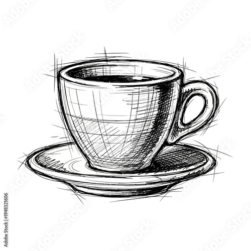 Hand-drawn sketch of a coffee cup and saucer filled with dark liquid