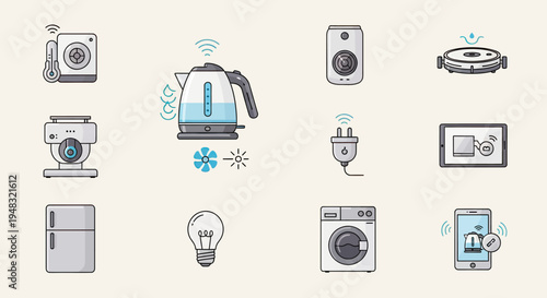 Smart home devices collection thermostat, kettle, speaker, vacuum, camera, plug, tablet, fridge, bulb, washer, phone