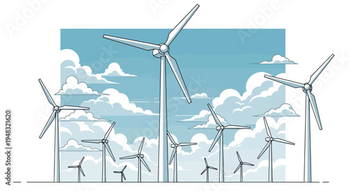 Many wind turbines stand tall against a sky filled with fluffy clouds