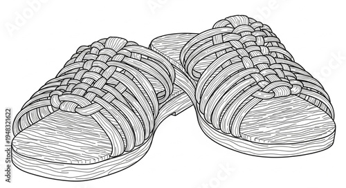 Hand-drawn illustration of woven sandals, footwear fashion design.