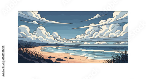 Stylized coastal scene with soft waves, sandy shore, rocky outcrops, and dramatic clouds