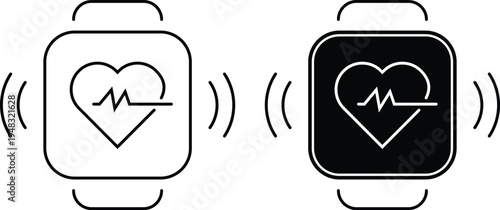 A smartwatch with a heart rate monitor displayed on its screen in both black and white.