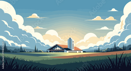 A modern building with a tower stands amidst rolling fields under a dramatic sky