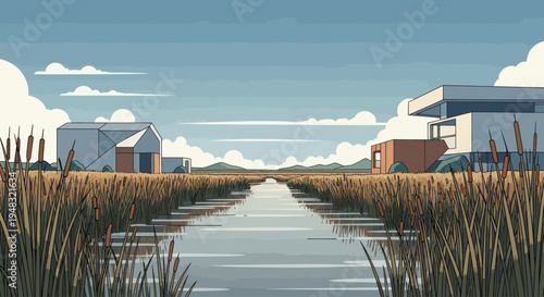 Modern homes flank a water channel through reeds under a cloudy sky