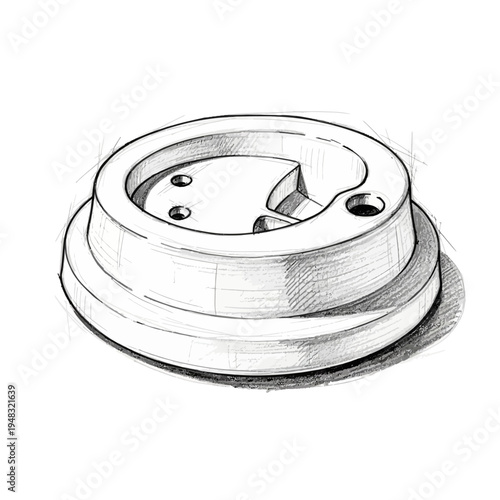 Hand-drawn sketch of a mechanical component with circular base and mounting holes
