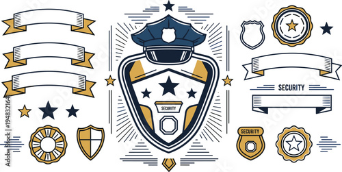 Security Police Shield with Stars, Badges, and Banners for Law Enforcement and Protection Symbols.