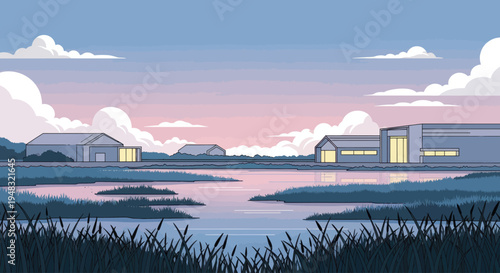 Calm waterfront with modern buildings and soft pastel sky