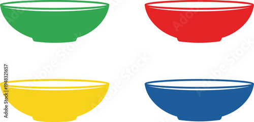 Colorful Bowl Icon Set with Red Green Yellow and Blue Kitchen Dishware Simple Flat Food Container Vector Illustration Collection