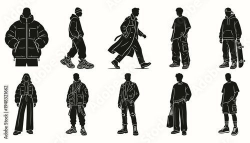 Vector streetwear fashion silhouettes set of diverse people in urban outfits